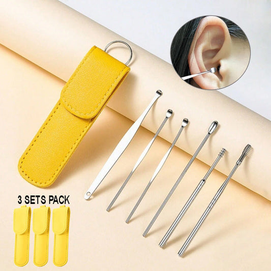 Pack of 3 Sets Stainless Steel Ear Wax Removal Kit with PU Leather Case (6 Pcs per Set) – Portable Ear Cleaner Tool Kit