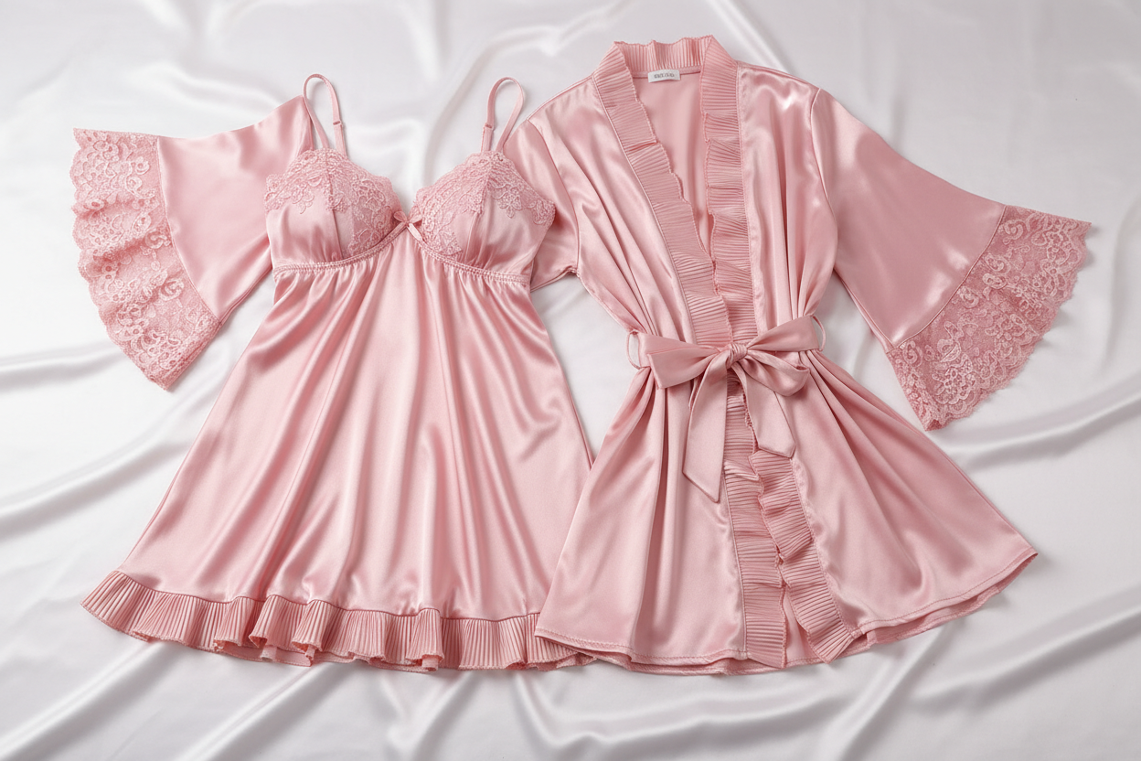 Sweet & Sexy Satin Lace Nightgown Robe Ruffle Edging Babydoll Nightdress Lingerie Set
